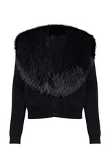 Black Cropped Faux Fur Removable Collar Cardigan
