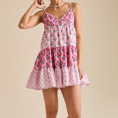 Pink Printed Patchwork Cami Mini Dress