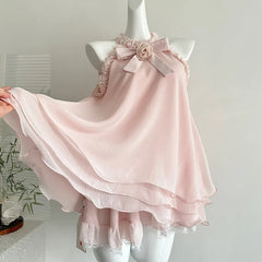 Pink Sleeveless Tank Lace Trim Bow Mini Dress