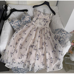 Strapless Floral Corset Fishbone Midi Dress