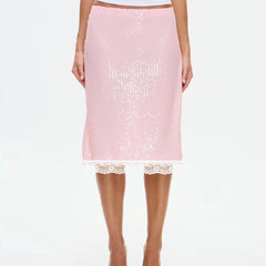 Pink Sequin Lace Trim Midi Skirt
