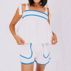 White Color Trim Shoulder Tie Peplum Top And Shorts Set