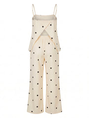 Polka Dot Split Back Cami Top with Drawstring High Waist Wide-Leg Pants Set