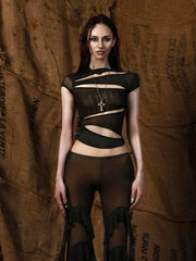 Black Mesh Slits Top