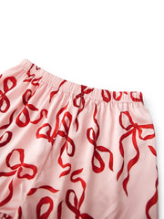 Bow Print Satin Button Up Top And Ruffled Hem Shorts Pajama Set