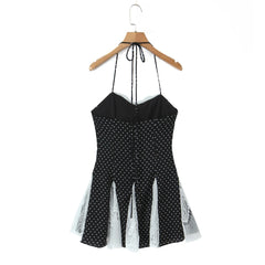 Black Polka Dot Lace Patchwork Ruffle Hem Strappy Mini Dress
