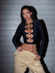 Black Long Sleeve O-ring Cut Out Desgin Crop Top
