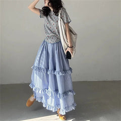 Blue Ruffles Plaid Long Skirt - Preppy A-Line