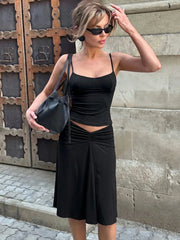 Spaghetti Strap Top And High Waist Ruched Midi Skirt Set
