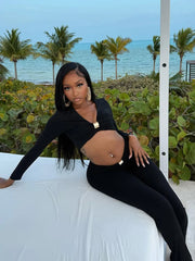 Black Metal Buckle Crop Top And High Waist Pants Set