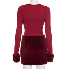 Long Sleeve Faux Fur Patchwork Mini Dress