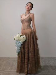 Jacquard Patchwork See Through Top And Long Skirts Set