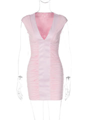 Pink Deep V-Neck Cap Sleeve Bodycon Satin Patchwork Mini Dress