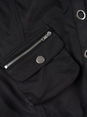 Black Hooded Cargo Snap Button Jacket with Pockets