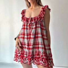 Red Plaid Ruffle Edge Mini Dress