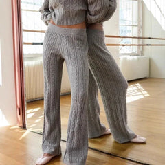 Grey Knitted Zipper Hooded Jacket And Wide Leg Pants Set