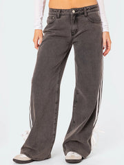 Low Rise Jeans Side Stripe Tie Bow Straight Leg Denim Pants
