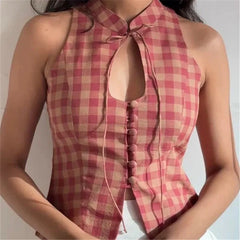 Gingham Keyhole Tie Collar Tank Top