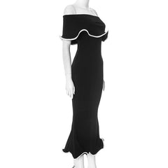 Black Ruffle Off-Shoulder White Trim Long Dresses