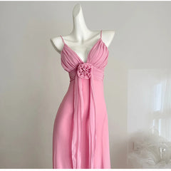 Pink V-Neck Spaghetti Strap 3D Flower Flowy Midi Dress