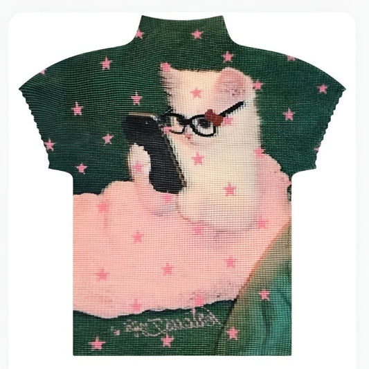 Star Cat Print High Collar Short Sleeve Top