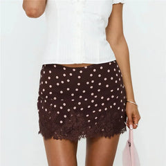 Brown Polka Dot Satin Mini Skirt