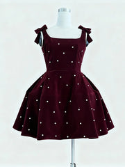 Bowknot Square Neck Sleeveless Beaded Mini Dress