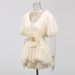 Ruched Deep V Neck Puff Sleeve 3D Flower Mini Dress