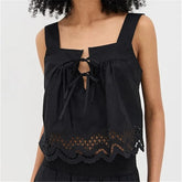 Black Square Neck Lace Trim Top with Bow Tie
