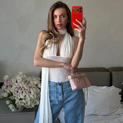 Scarf Halter Drape Mesh Bodysuit
