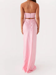 Pink strapless two-piece outfit - back view