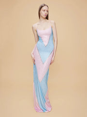 Sequin Two-Tone Spaghetti Straps Rhinestone Long Dress