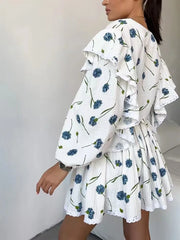 White Printed Ruffle Long Sleeve Shirt And Shorts Set