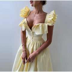 Ruffles Striped Square Collar Buttoned Long Dress