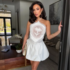 White Doily Lace Neck Tie-Up Top And Mini Bubble Skirt Set