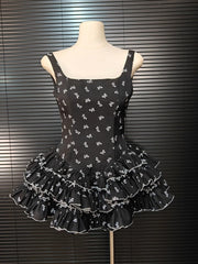 Black Ruffles Bow Printed Mini Dress