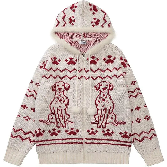 Puppy Print Hoodie Knitted Cardigan