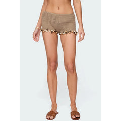 Low Rise Beaded Tassel Hem Knit Shorts