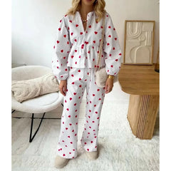 Heart Print Long Sleeve Button Down Babydoll Shirt with Pants Loungewear Set