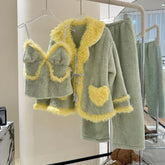 Yellow Fur Trim Fleece Three-Piece Sleepwear Set