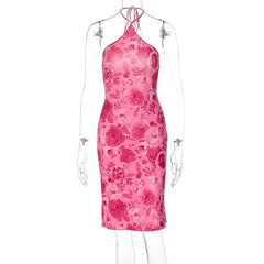 Rose Pink Print Halter Midi Dress