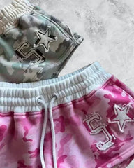 Camouflage Zipper Crop Hoodie, Tube Top, And Shorts, Sweatpants Set