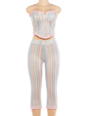 Colourful Stripe Ruffles Edge Crop Top And Capri Pants Set