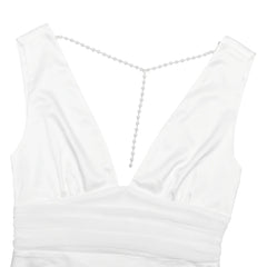 V-neck Satin Backless Pearl Chain Long Dress