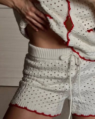 White Knitted Short Sleeve Top And Shorts Set