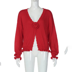 Red Open 3D Flower Knitted Cardigan