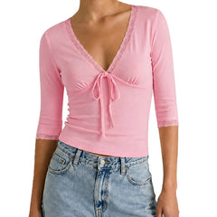 Lace Trim V‑Neck 3/4 Sleeve Crop Top