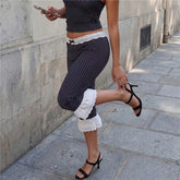 Lace Hem Mid-Calf Polka Dot Capri Pants