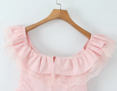 Pink Lace Ruffle Bow Off-shoulder Mini Dress