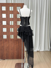 Fishbone Lace-Up Top And Mesh Asymmetrical Skirt Two-Piece Set